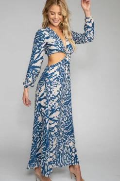 Online Noelle Maxi Dress - Capri Blue & White Maxi Dress With Sleeves Women Dresses